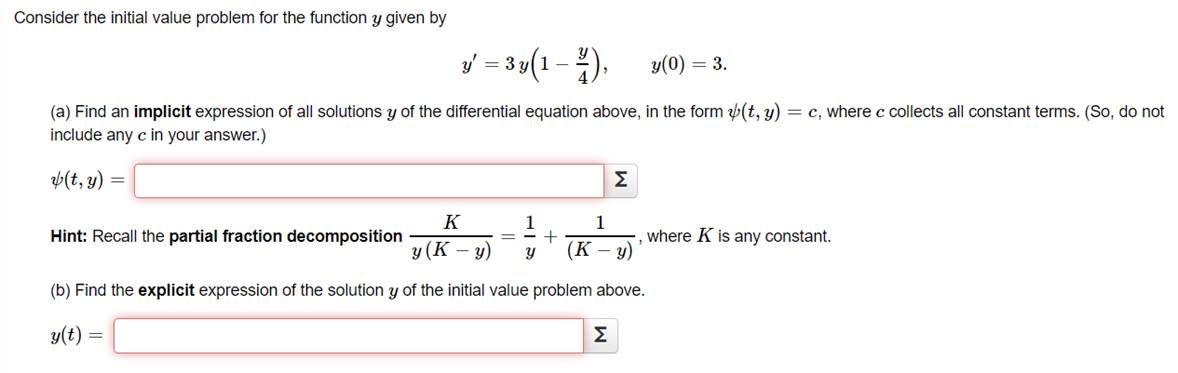 Consider the initial value problem for the function y given by y'