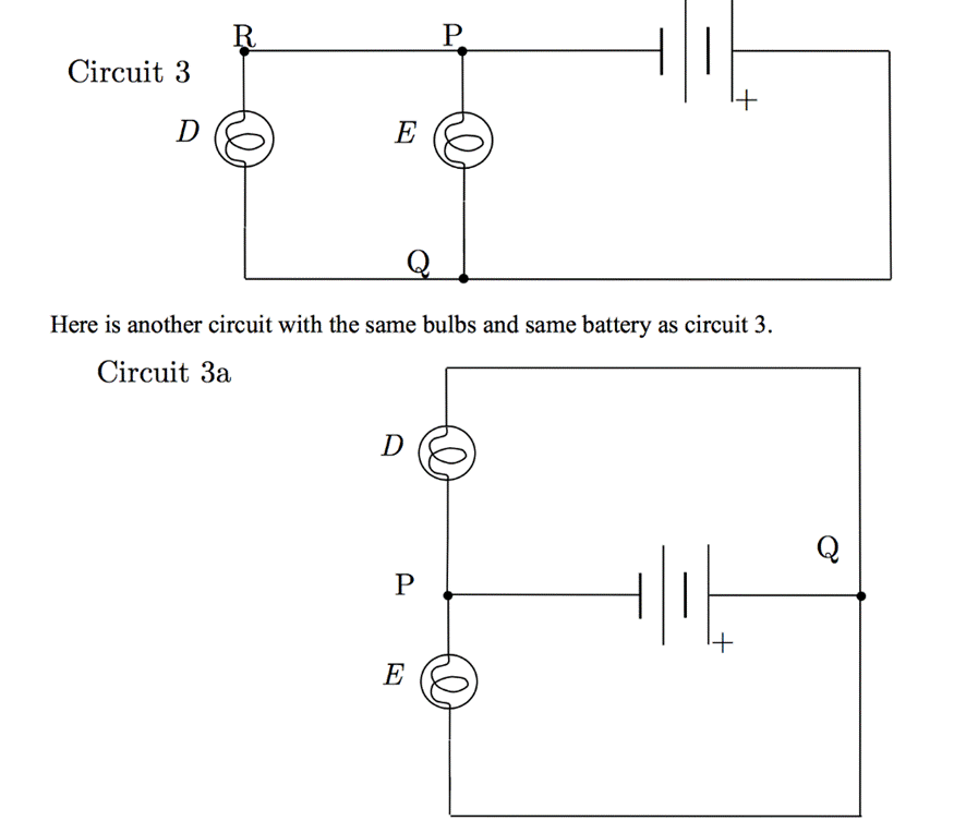 PCircuit 3DEHere is another circuit with the same bulbs and same battery as circuit 3.Circuit 3aDP=E