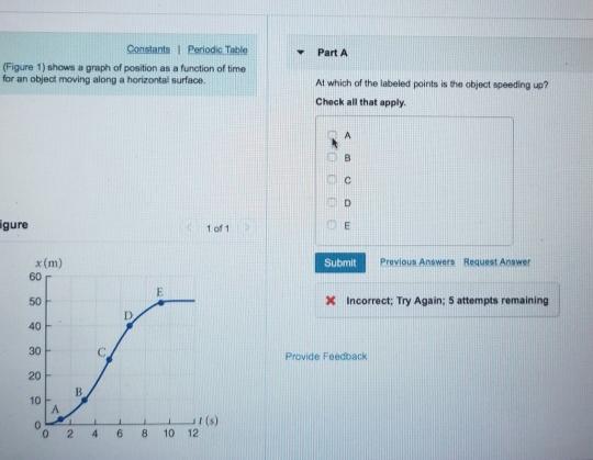 History Bookmarks Window Help my.newpaltz.edu Homework Folder spring18 Inbox [20) gustaver HW 2 roblem 3.04 Constants 1 Part A (Figure 1) shows a graph of position as a function of time for an object moving along a horizontal surface. At which of the labeled points is the object speeding up? Check all that apply gure 1 of 1 Submit Previous Answers Request Answer x (m) 60 50 x Incorrect; Try Again; 5 attempts remaining 30 20 10 Provide Feedback 0 2 46 8 10 12 MacBook Air