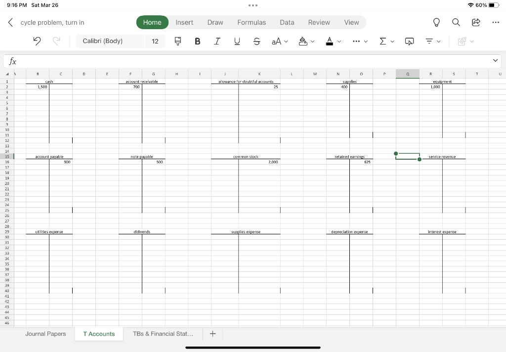 9:16 PM Sat Mar 26 60%< cycle problem, turn in Home Insert Draw Formulas Data Review View a2 Calibri (Body) 12 BI U SA Σν