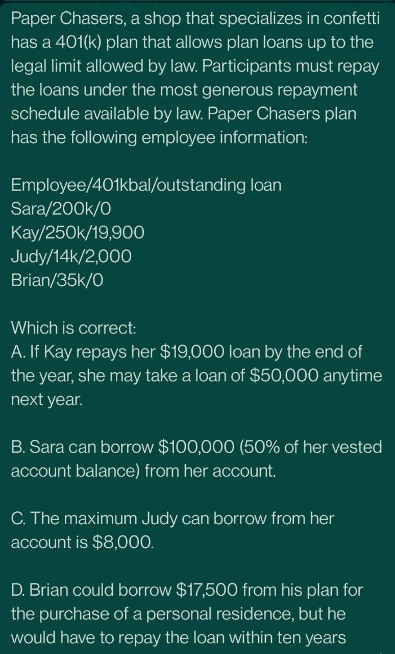 Paper Chasers, a shop that specializes in confetti has a 401(k) plan