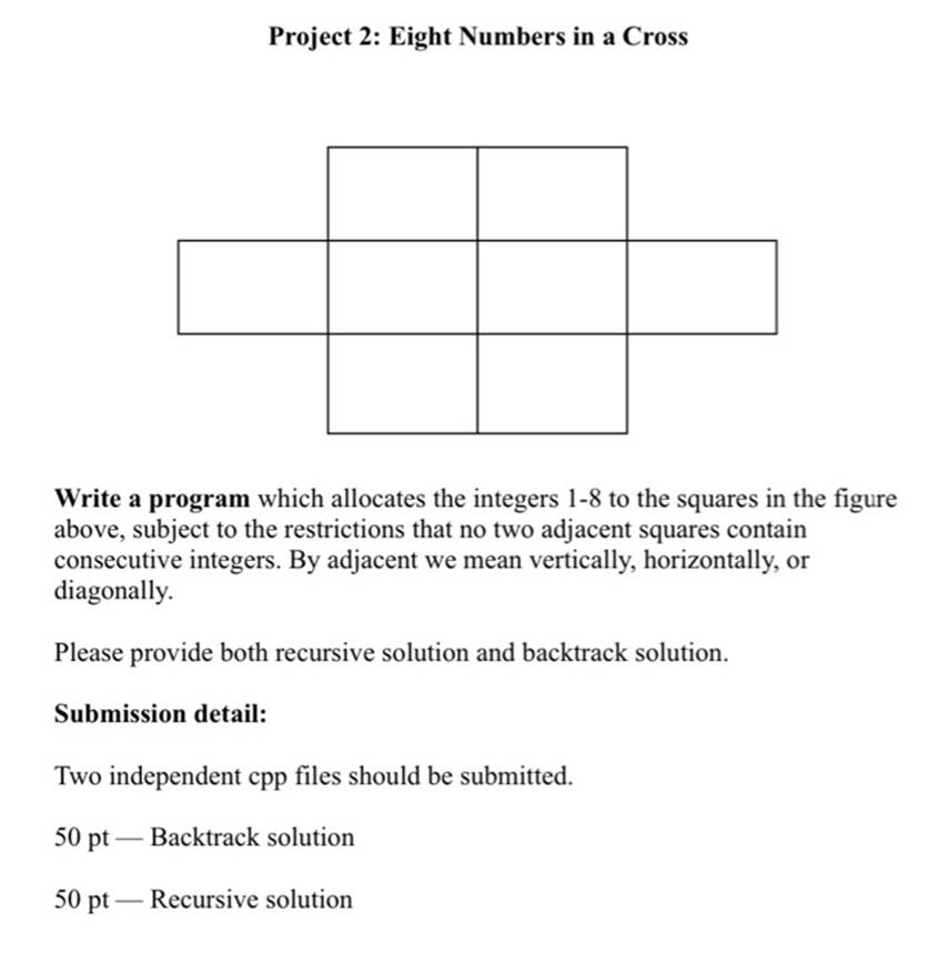 Project 2: Eight Numbers in a Cross Write a program which allocates the integers 1-8 to the squares in the