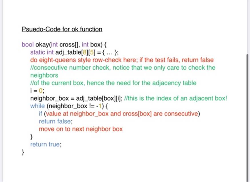Psuedo-Code for ok function bool okay(int cross[], int box) { static int adj_table[8][5] = {...}; do