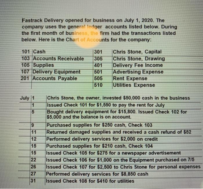 Fastrack Delivery opened for business on July 1, 2020. The company uses the general ledger accounts listed