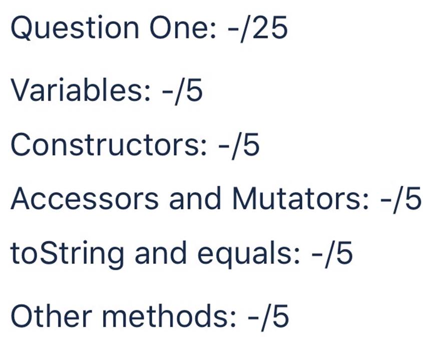 standard methods, such as constructors, mutators, accessors, toString, and equals. Additionally, implement