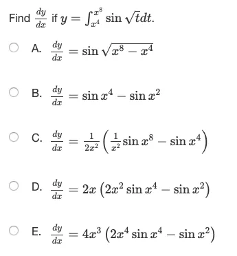 Find out if y = Sa sin Vedt. de = sin V 28 ? 24 = sin 24 ? sin 22 = 2 (sin 28 ? sin ?4) O D.de = 22 (2?? sin 24 ? sin x2) O E
