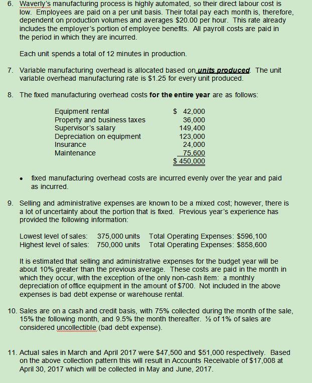 6. Waverlys manufacturing process is highly automated, so their direct labour cost is low. Employees are paid on a per unit