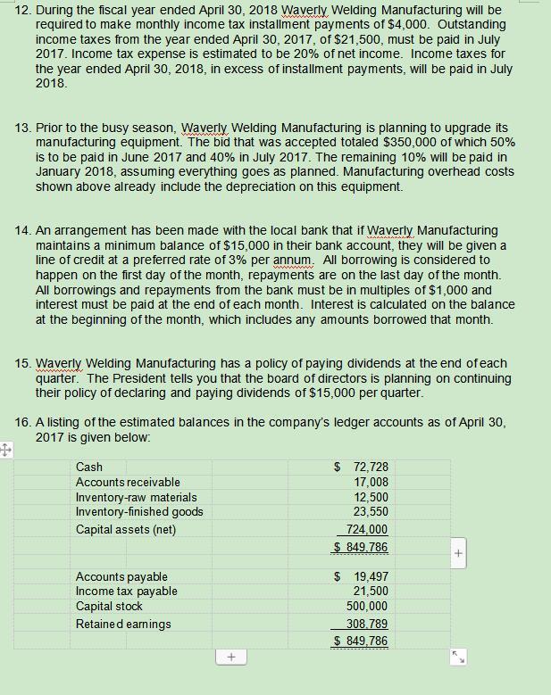 12. During the fiscal year ended April 30, 2018 Waverly Welding Manufacturing will be required to make monthly income tax ins