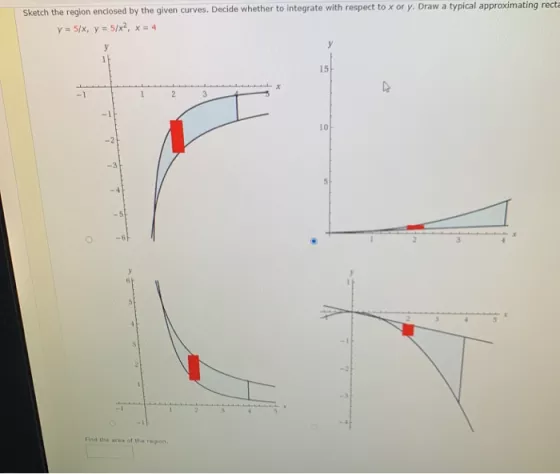 Sketch the region enclosed by the given curves. Decide whether to integrate with respect to x or y. Draw a typical approximat