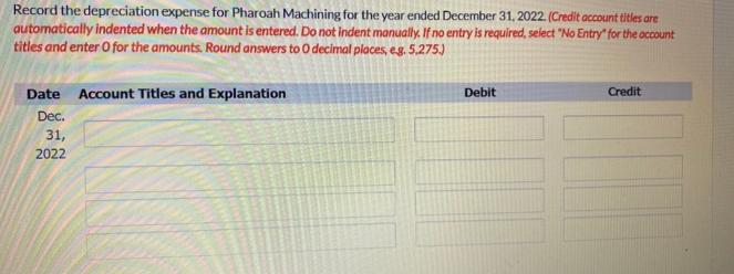 Record the depreciation expense for Pharoah Machining for the year ended December 31, 2022. (Credit account