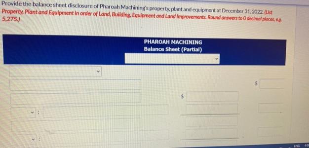 Provide the balance sheet disclosure of Pharoah Machining's property, plant and equipment at December 31,
