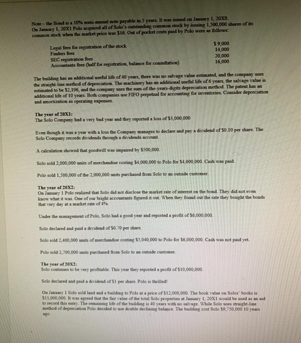 Note-the Bond is a 10% semiannual note payable in 5 years. It was issued on January 1, 20x0. On January 1, 20x1 Polo acquired