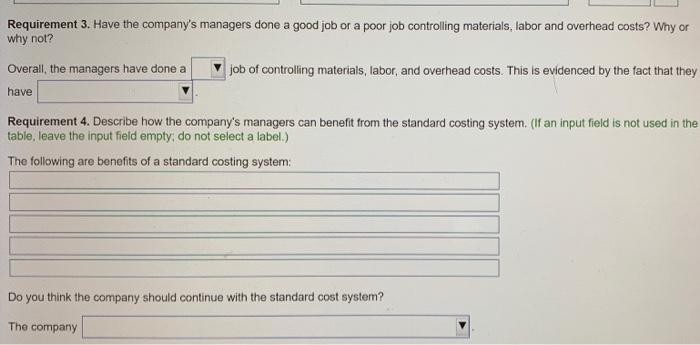 Requirement 3. Have the companys managers done a good job or a poor job controlling materials, labor and overhead costs? Why