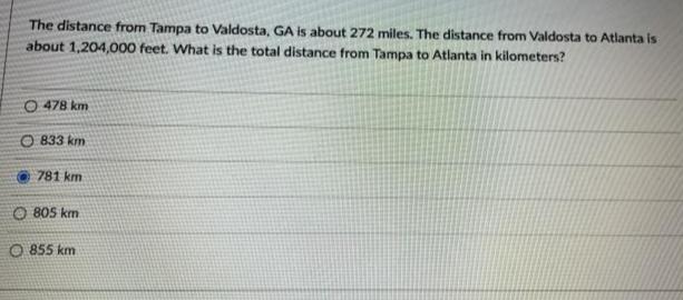 Question 31 ptsThe distance from Tampa to Valdosta, GA is about 272 miles. The distance from Valdosta to Atlanta isabout 1