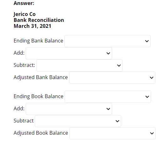 Answer: Jerico Co Bank Reconciliation March 31, 2021 Ending Bank Balance Add: >Subtract: Adjusted Bank Balance Ending Book B