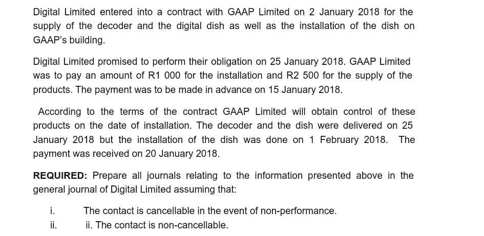 Digital Limited entered into a contract with GAAP Limited on 2 January 2018 for thesupply of the decoder and the digital dis