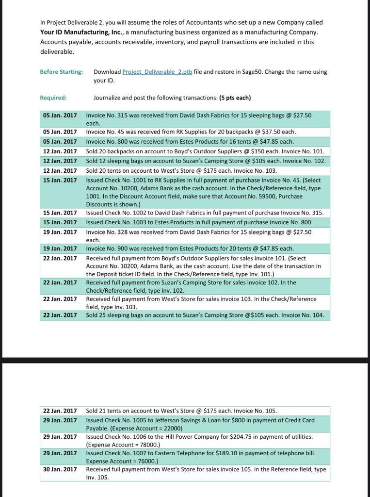 In Project Deliverable 2, you will assume the roles of Accountants who set up a new Company calledYour ID Manufacturing, Inc
