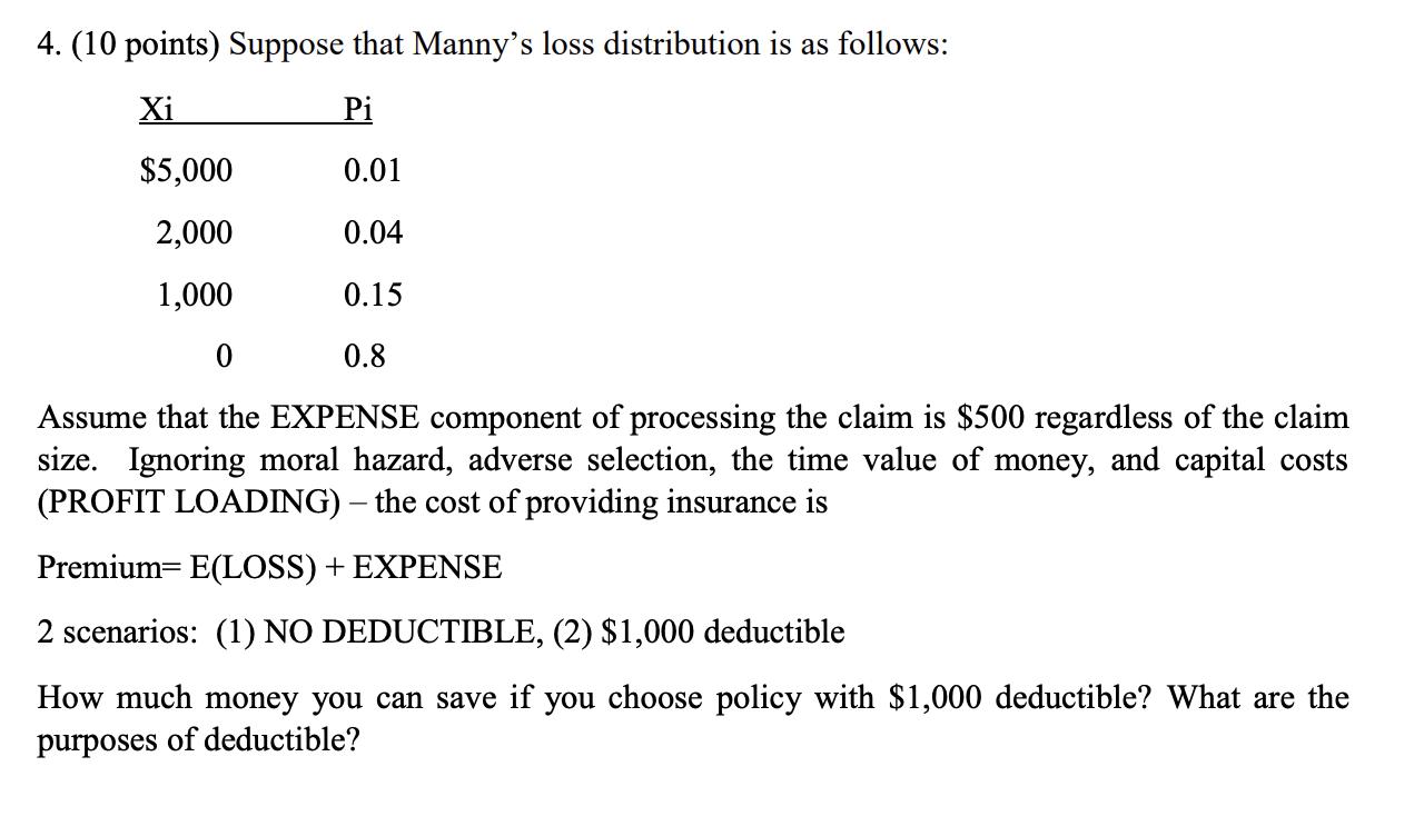 4. (10 points) Suppose that Mannys loss distribution is as follows:XiPi$5,0000.012,0000.041,0000.1500.8Assume tha