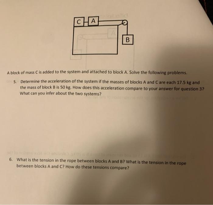 CHA B A block of mass C is added to the system and attached to block A. Solve the following problems. 5.