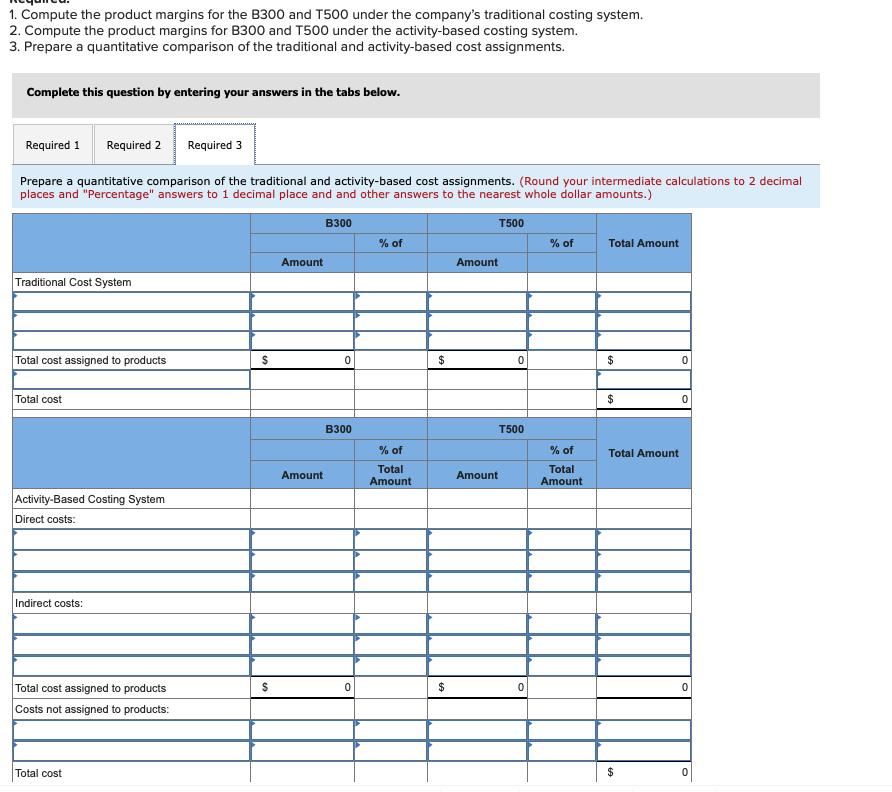 1. Compute the product margins for the B300 and T500 under the companys traditional costing system.2. Compute the product m