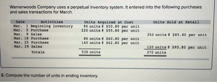 Warnerwoods Company uses a perpetual inventory system. It entered into the following purchasesand sales transactions for Mar