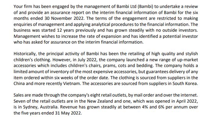 Your firm has been engaged by the management of Bambi Ltd (Bambi) to undertake a review of and provide an assurance report on