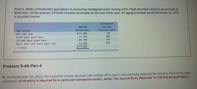 9of 4Required InformationProblem 5-4A Record transactions related to uncollectible accounts (LO5-4,5-5)[The following inf