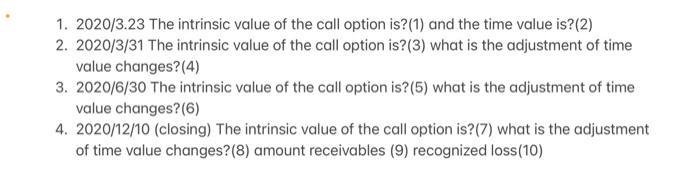 1. 2020/3.23 The intrinsic value of the call option is? (1) and the time value is? (2) 2. 2020/3/31 The intrinsic value of th
