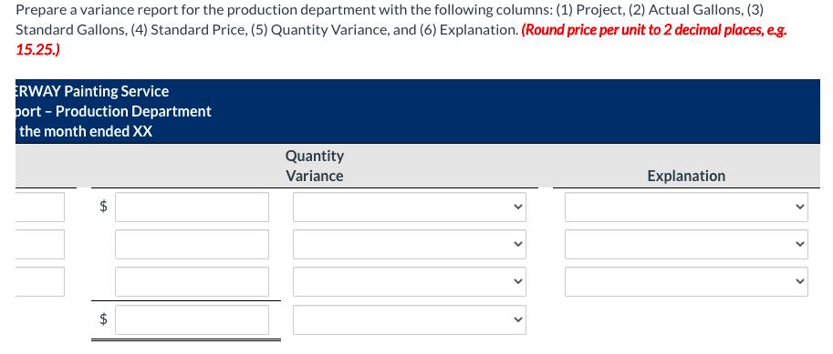 Prepare a variance report for the production department with the following columns: (1) Project, (2) Actual Gallons, (3) Stan