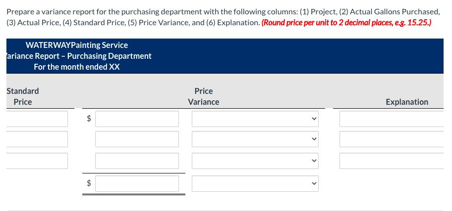 Prepare a variance report for the purchasing department with the following columns: (1) Project, (2) Actual Gallons Purchased