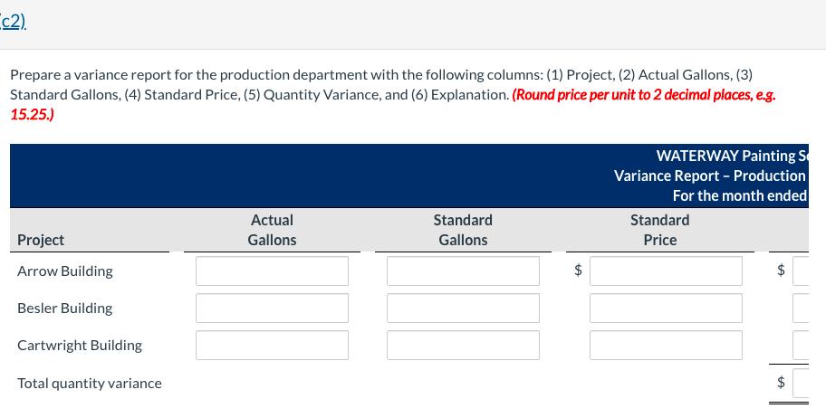 (c2). Prepare a variance report for the production department with the following columns: (1) Project, (2) Actual Gallons, (3