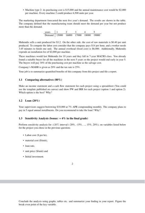 Machine type 2. its purchasing cost is $15.00 and the annual maintenance cost would be 52.000 per machine. Every machine 2 co