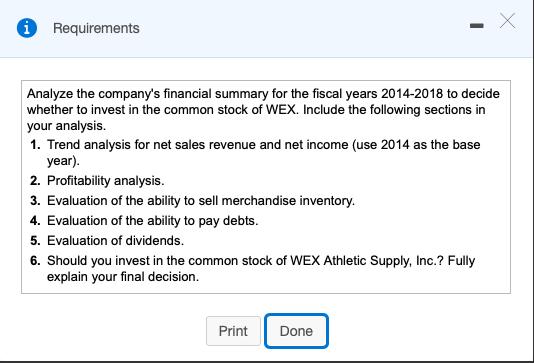 Requirements X Х Analyze the companys financial summary for the fiscal years 2014-2018 to decide whether to invest in the co