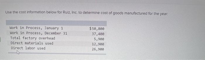 Use the cost information below for Ruiz, Inc. to determine cost of goods manufactured for the year: Work in process, January