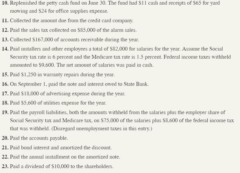 10. Replenished the petty cash fund on June 30. The fund had $11 cash and receipts of $65 for yard mowing and $24 for office