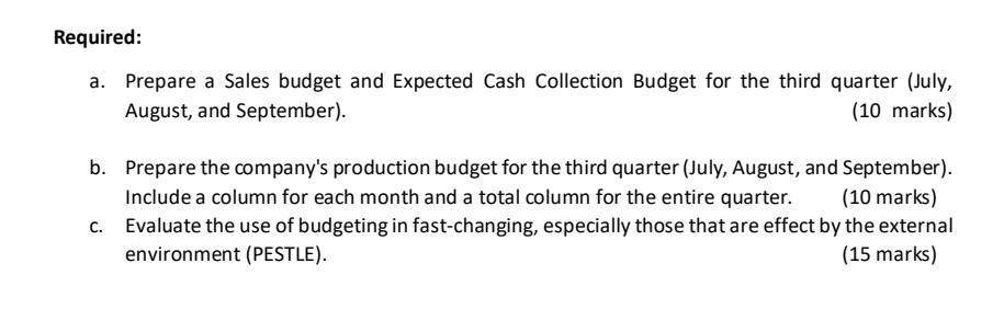 Required: a. Prepare a Sales budget and Expected Cash Collection Budget for the third quarter (July, August, and September).