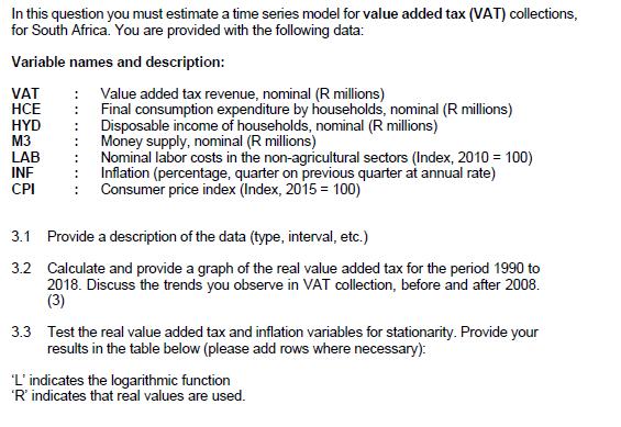 In this question you must estimate a time series model for value added tax (VAT) collections, for South