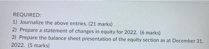 REQUIRED: 1) Journalize the above entries. (21 marks) 2) Prepare a statement of changes in equity for 2022. (6 marks) 3) Prep