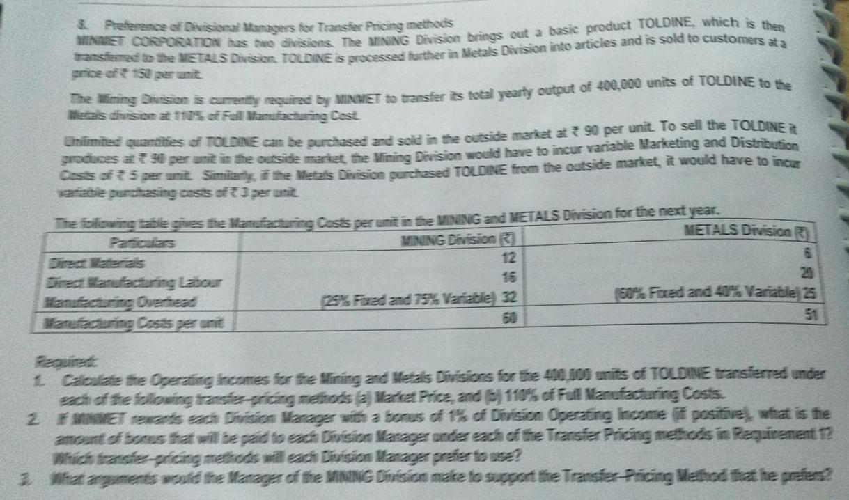 & Preference of Divisional Managers for Transfer Pricing methods MINNET CORPORATION has