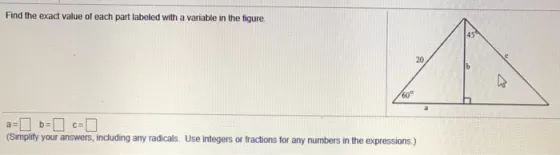 Find the exact value of each part labeled with a variable in the figure. 45 20 (Simplity your answers, including any radicals