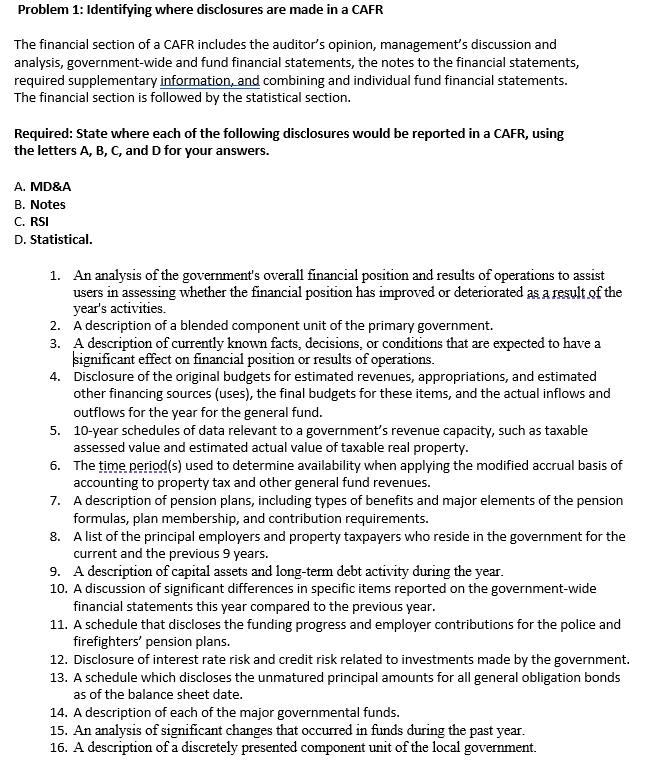 Problem 1: Identifying where disclosures are made in a CAFRThe financial section of a CAFR includes the auditors opinion, m