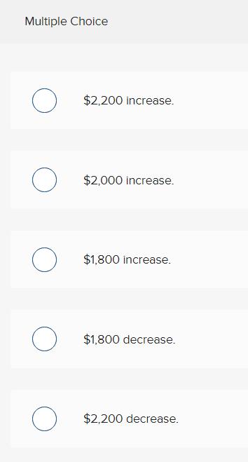 Multiple Choice $2,200 increase. О O $2,000 increase. O $1,800 increase. О O $1,800 decrease. O $2,200 decrease.