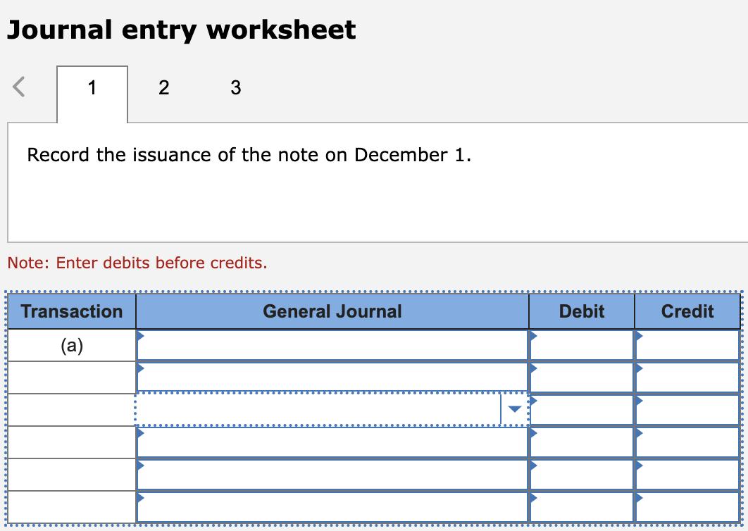 Journal entry worksheet< 12 3Record the issuance of the note on December 1. Note: Enter debits before credits. Transaction