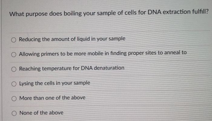 What purpose does boiling your sample of cells for DNA extraction fulfill?Reducing the amount of liquid in your sampleAllow