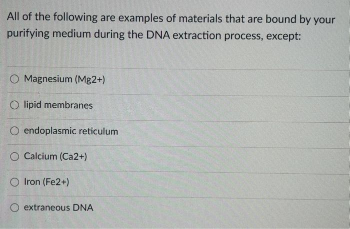 All of the following are examples of materials that are bound by yourpurifying medium during the DNA extraction process, exc