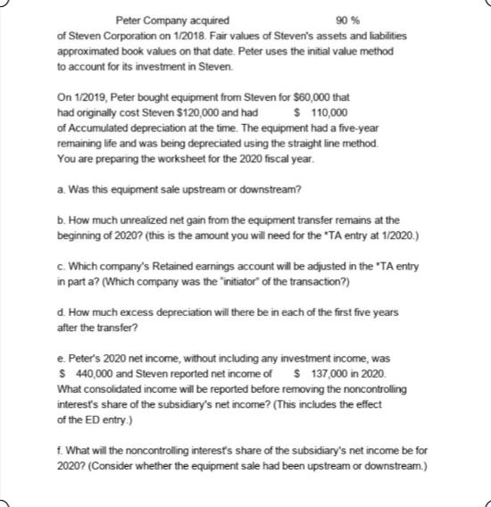 Peter Company acquired 90 % of Steven Corporation on 1/2018. Fair values of Steven's assets and liabilities