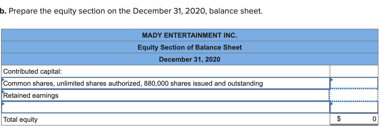 b. Prepare the equity section on the December 31, 2020, balance sheet. MADY ENTERTAINMENT INC. Equity Section of Balance Shee