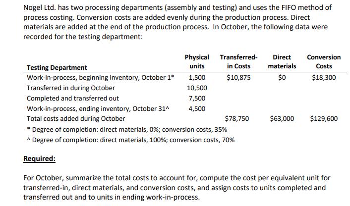 Nogel Ltd. has two processing departments (assembly and testing) and uses the