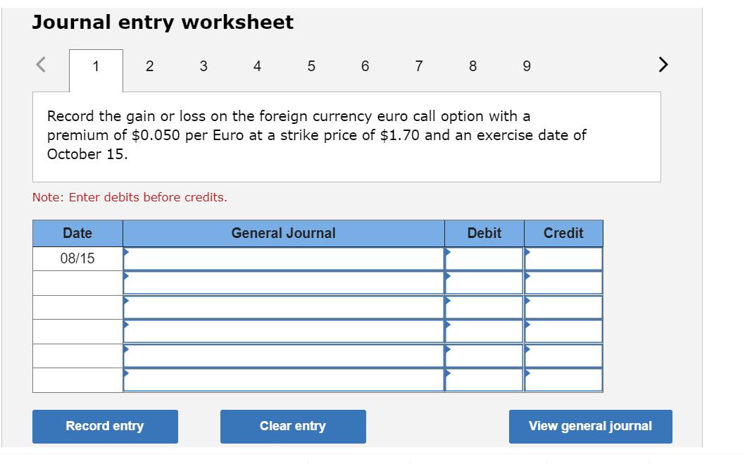 Journal entry worksheet< 12 34 56 78 9>Record the gain or loss on the foreign currency euro call option with a premium