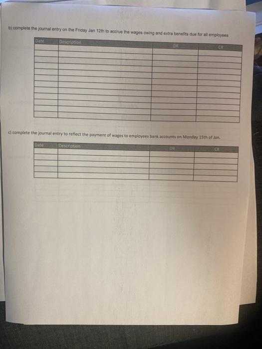 b) complete the journal entry on the Friday Jan 12th to accrue the wages owing and extra benefits due for at employees Date D